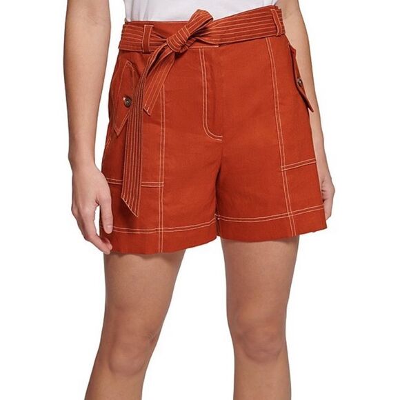 Calvin Klein Linen Blend Tie Waist Belted Shorts Size S Burnt Orange Mom High - Picture 2 of 8